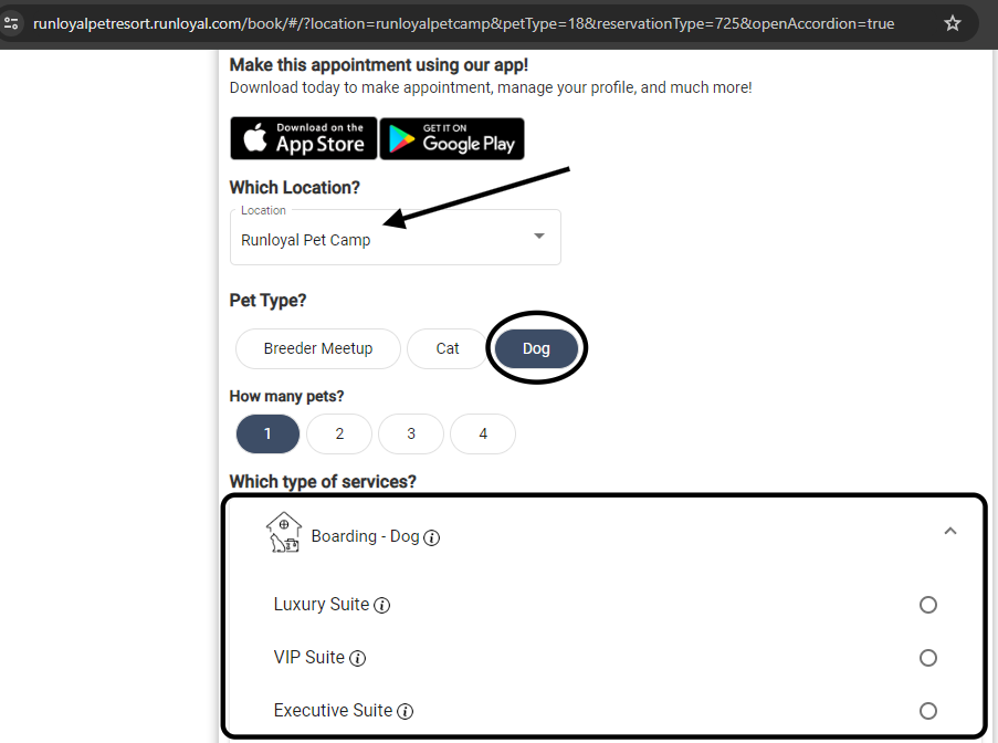 Make scheduling a web appointment for a specific pet type, Location and Service – just add '?petType=18' to the default web appointment URL.