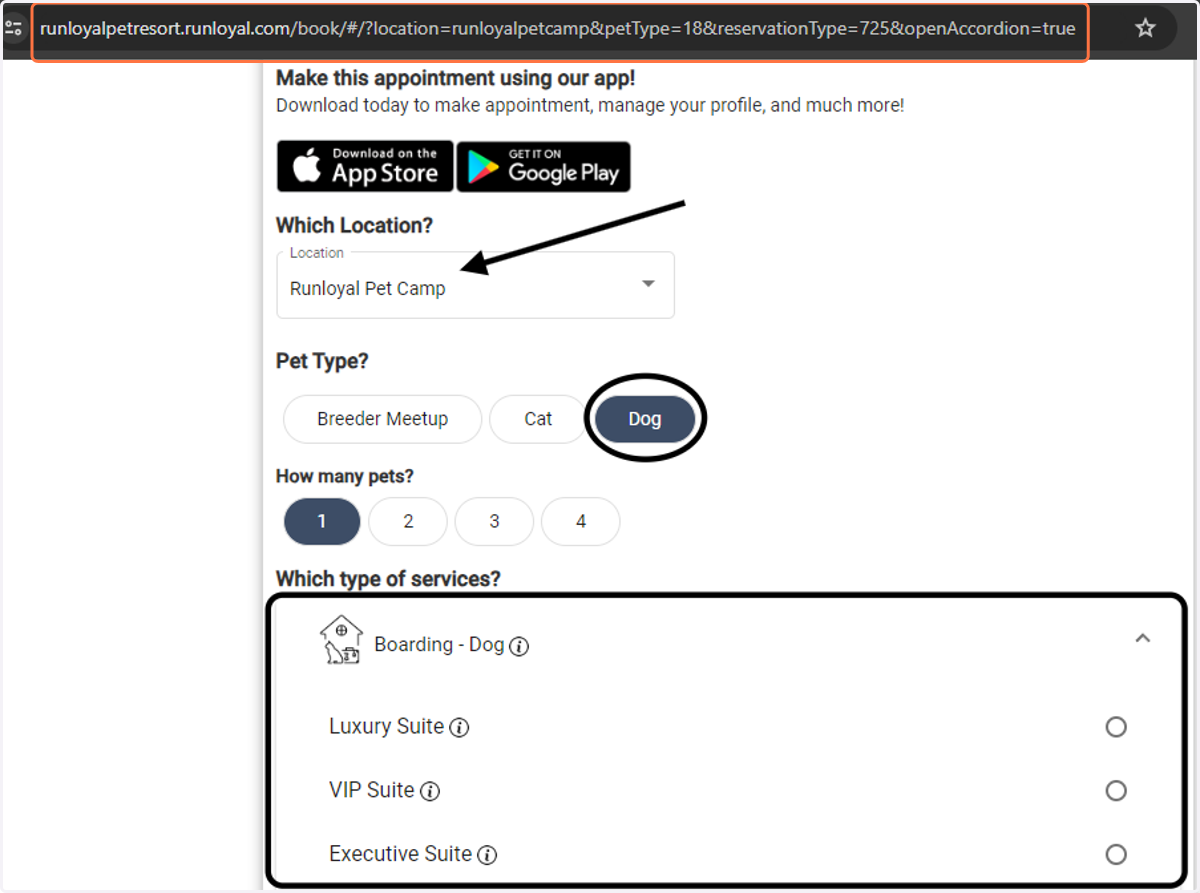Make scheduling a web appointment for a specific pet type, Location and Service – just add '?petType=18' to the default web appointment URL.