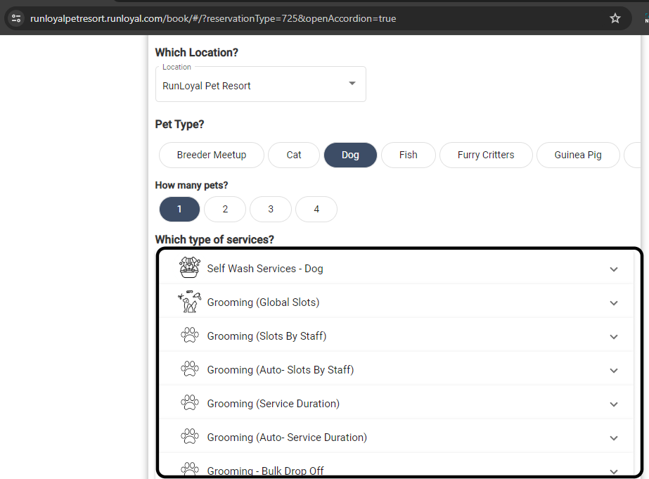 You can also auto select services and also open accordion by using "?reservationType=725&openAccordion=true" to the default web appointment URL