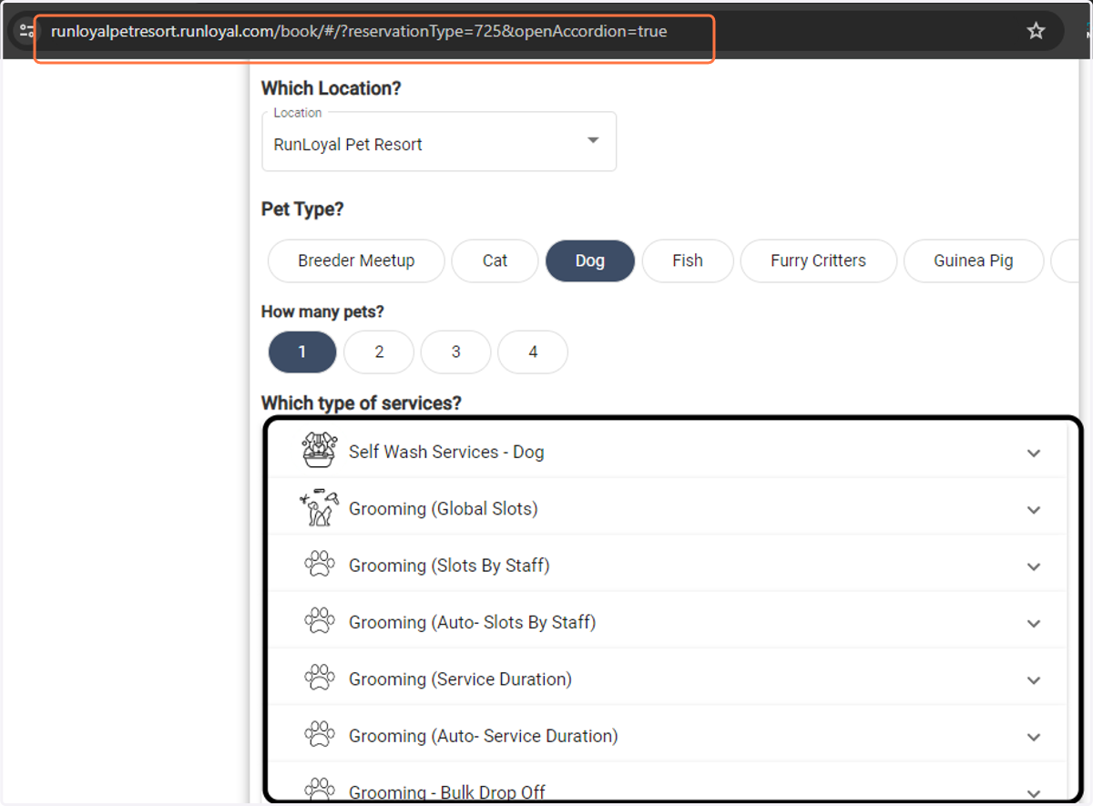 You can also auto select services and also open accordion by using "?reservationType=725&openAccordion=true" to the default web appointment URL