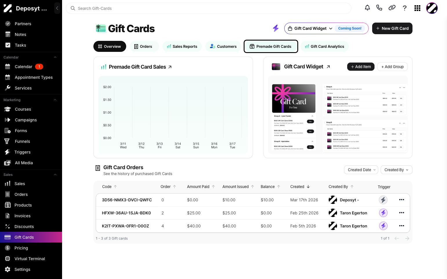 Step 3: Click the Premade Gift Cards button to view the Premade Gift Card section.