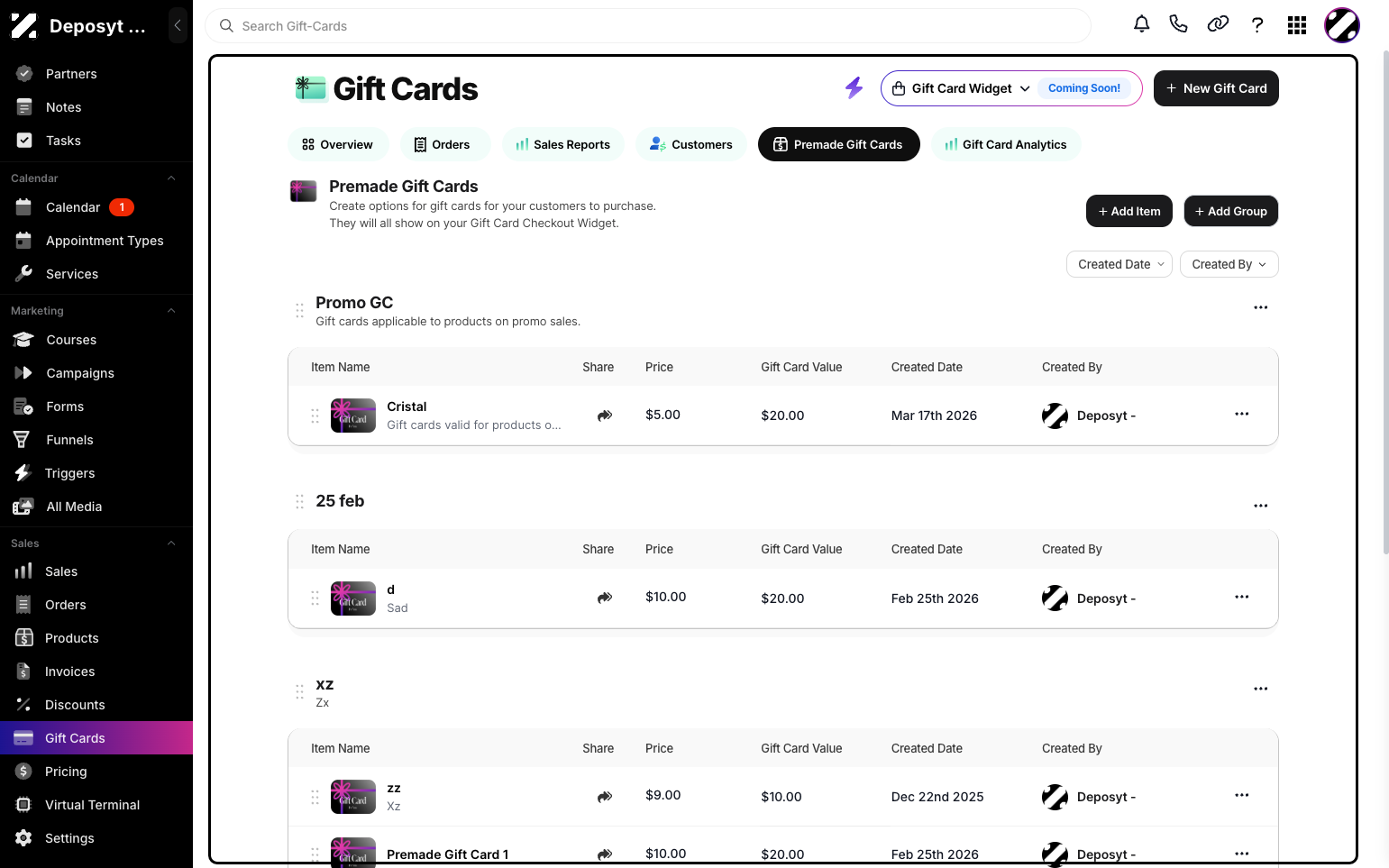 Step 4: You will now see all the actions you can perform within the Premade Gift Cards section.