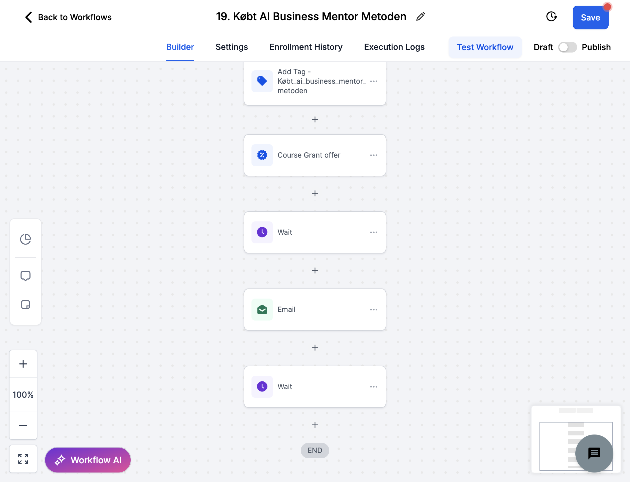 Klik på toggle baren så dit workflow står som Publish og ikke Draft