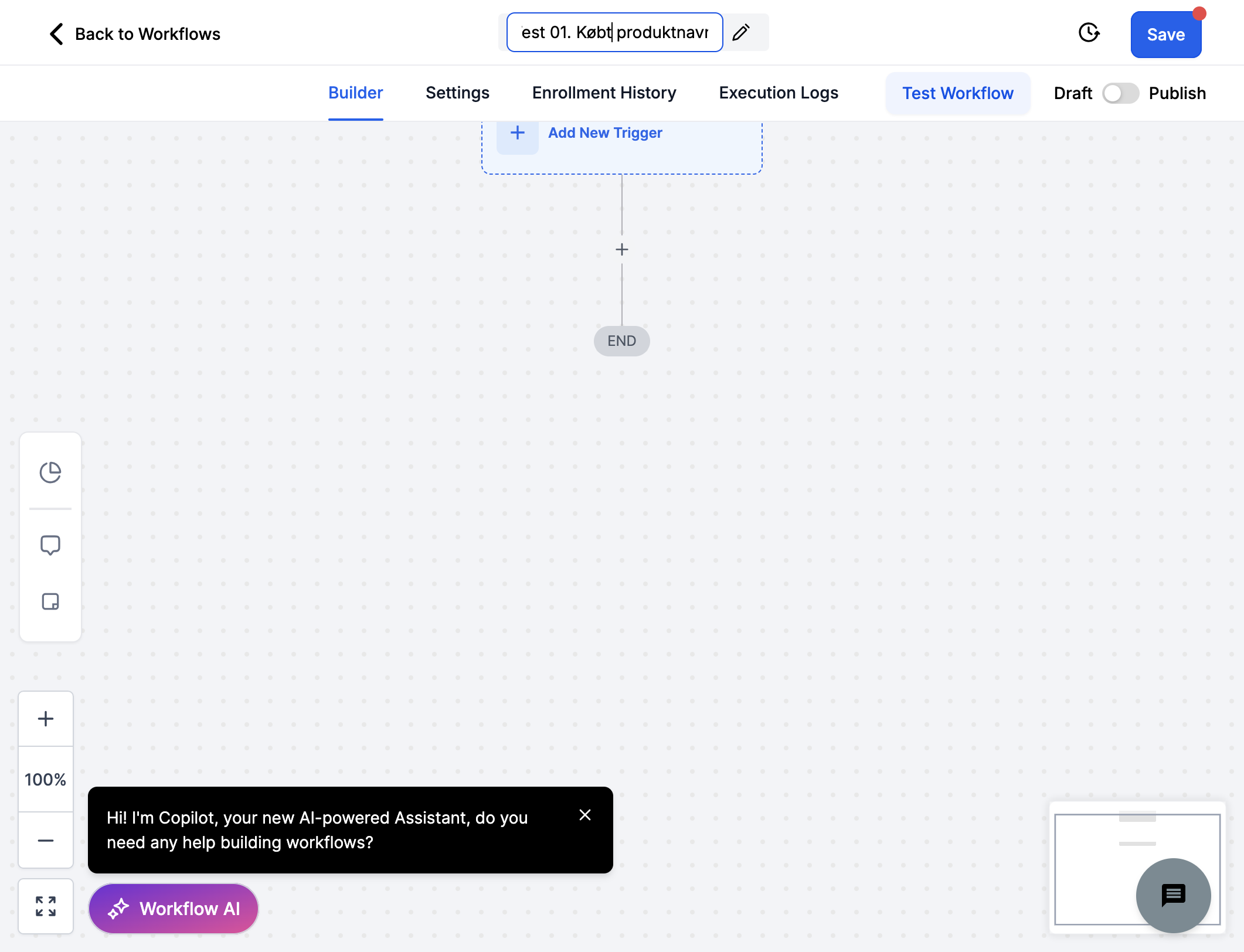 Navngiv dit workflow fx Købt "Dit produktnavn"