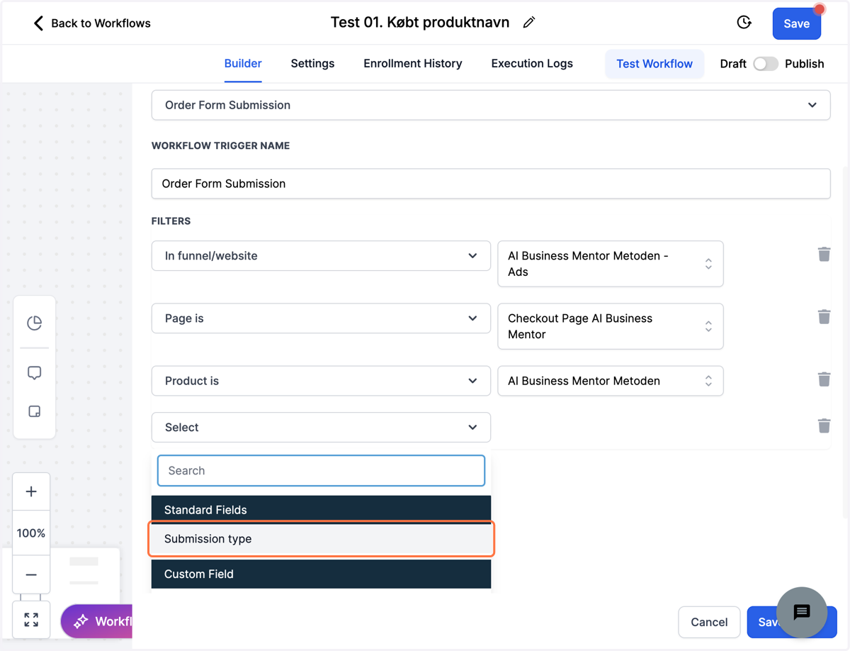 Klik på Select og vælg "Submission type"
