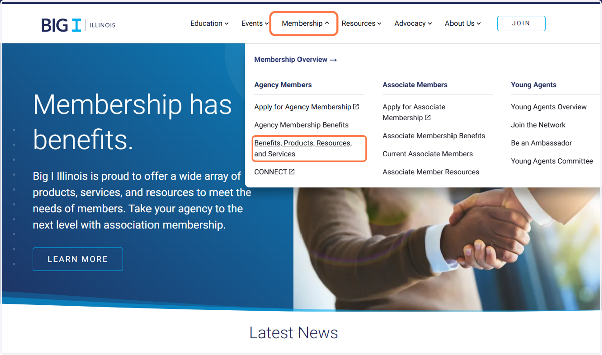 Hover your mouse over Membership and click on Benefits, Products, Resources, and Services from the list.