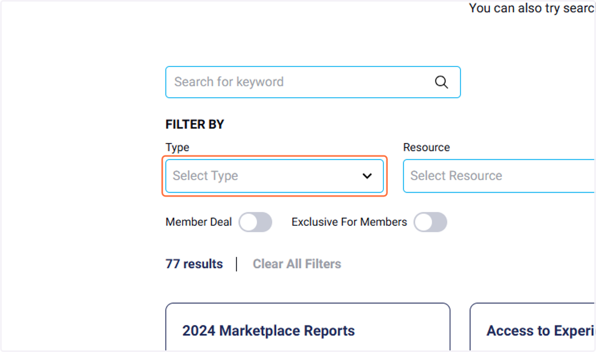 All products, services, and resources will appear, but consider using the filter options.
