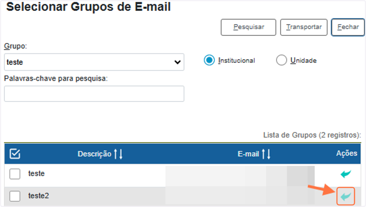 Escolha o E-mail Destinatário