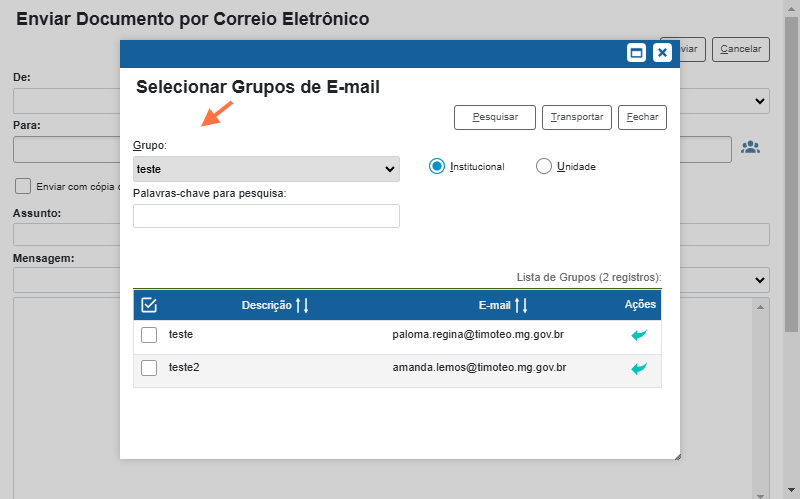 Selecionar o Grupo de E-mail