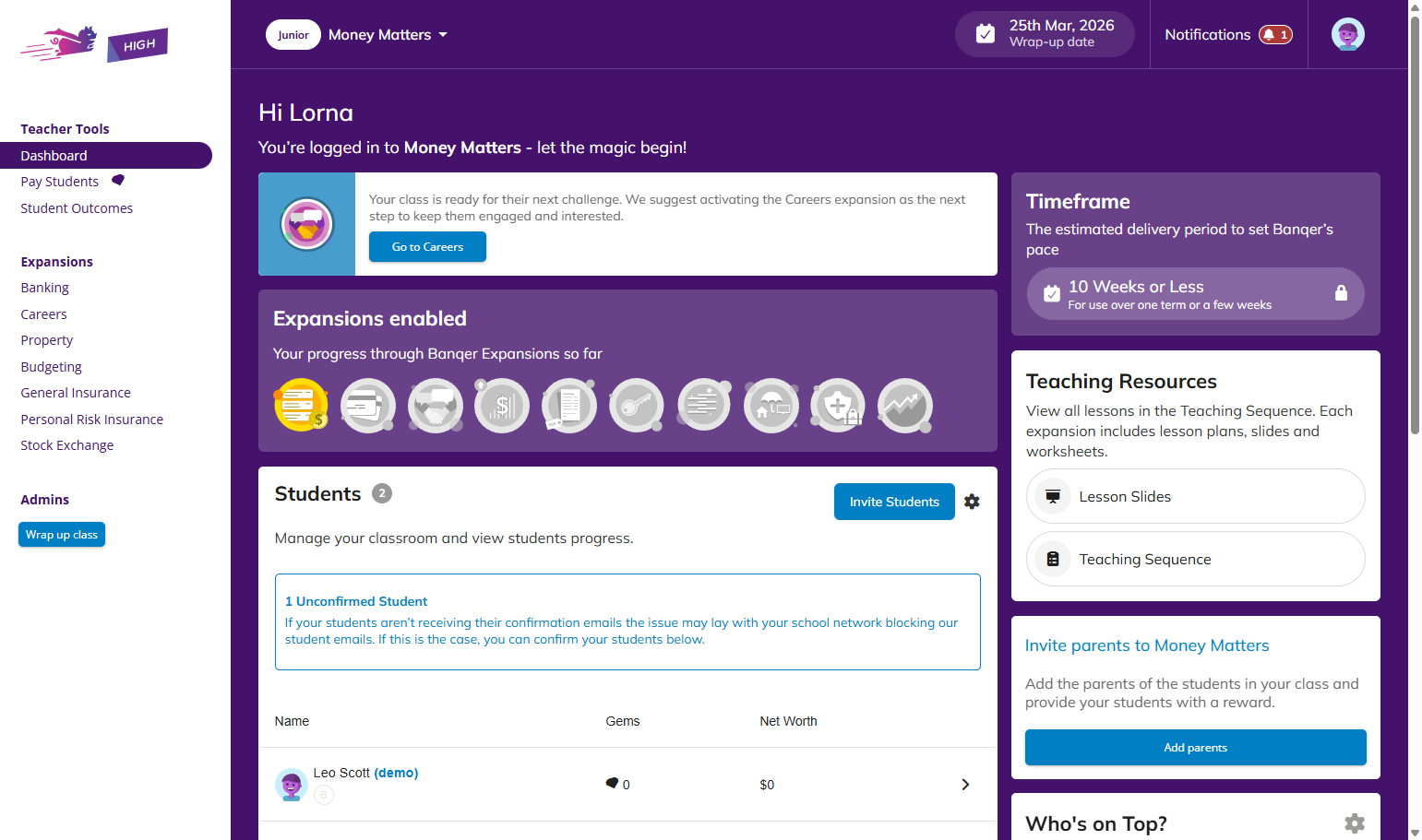 Click on Your class is ready for their next challenge. We suggest activating the Careers expansion as the next step to keep them engaged and interested. Go to Careers…