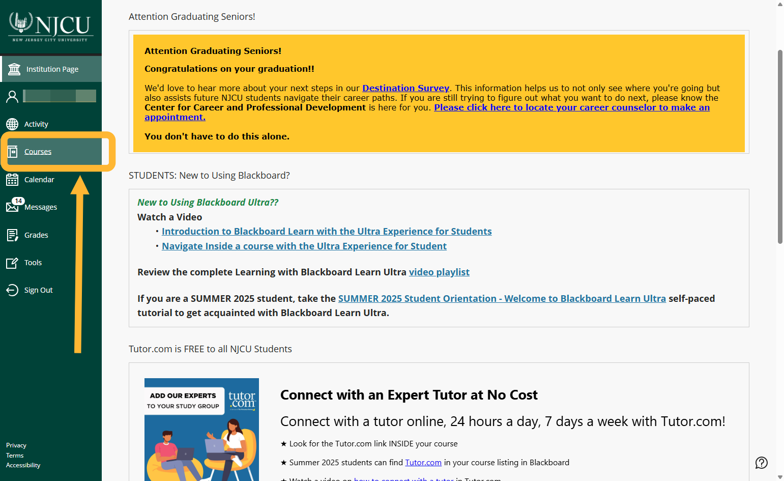 Next, click on Courses to find your NJCU courses.
