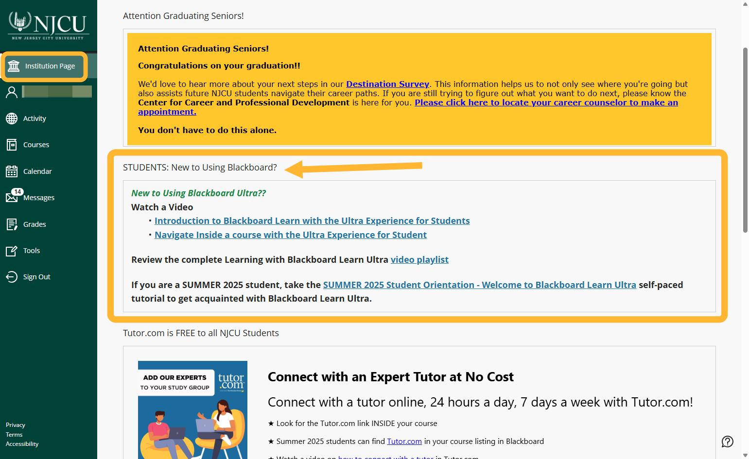 Upon successful login, your Blackboard landing page (also called the Institution Page) may look something like this.