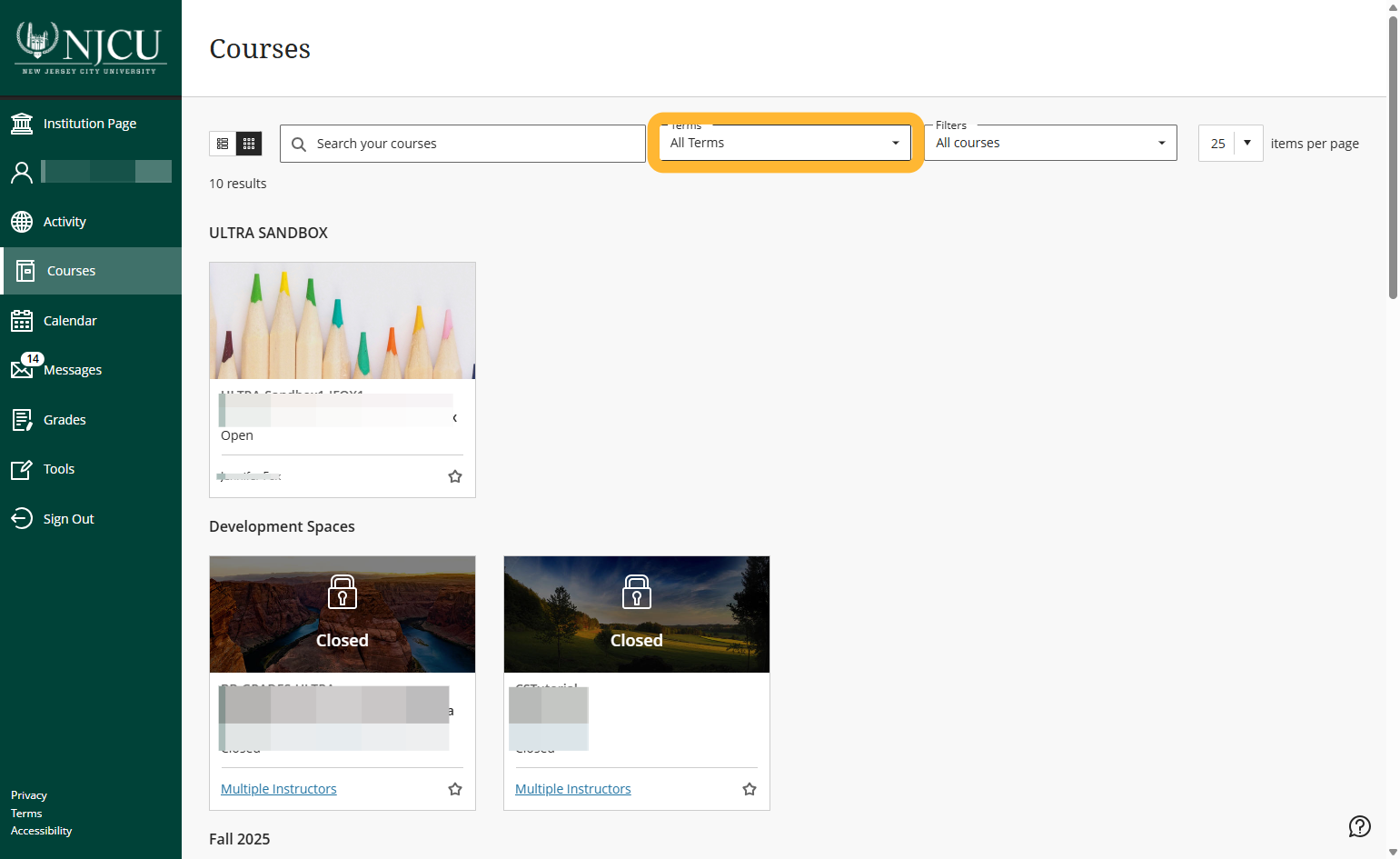 You may also filter your courses by Term by selecting the Term drop-down menu.