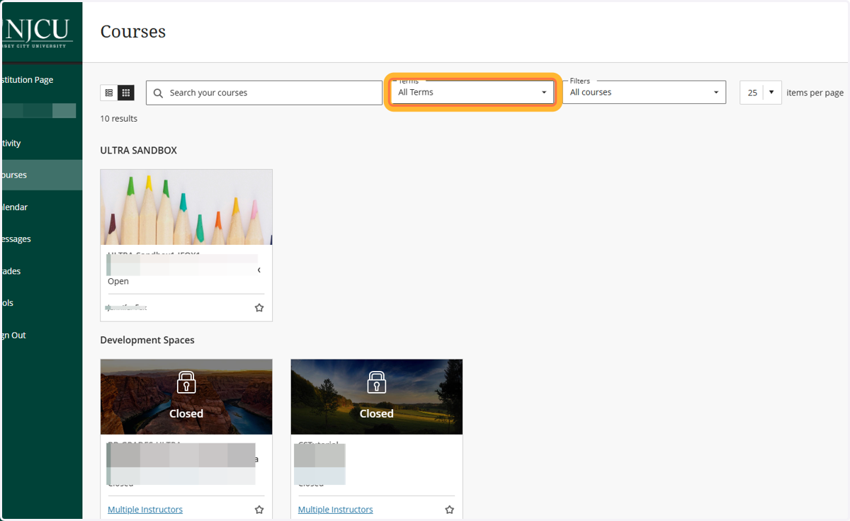 You may also filter your courses by Term by selecting the Term drop-down menu.