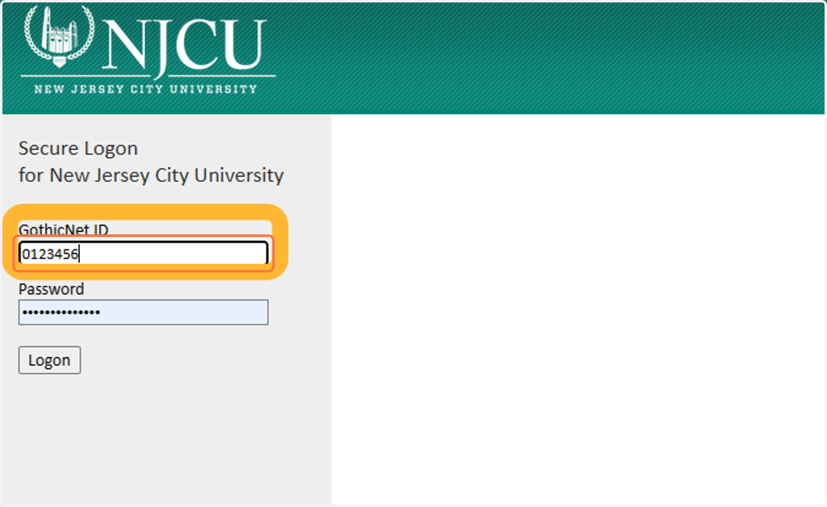 Type in your NJCU Student ID Number. It should be a 7-digit number.