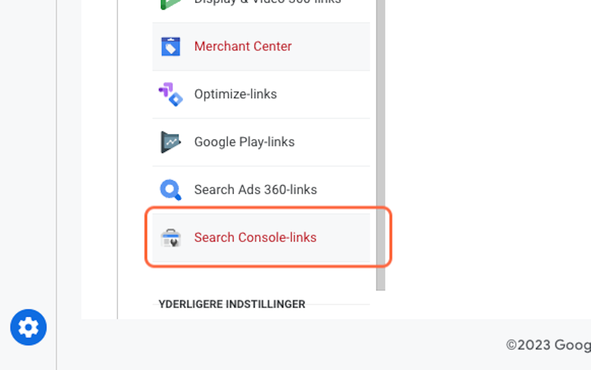 Klik på Search Console-links for at starte opkobling med GA4 og Search Console