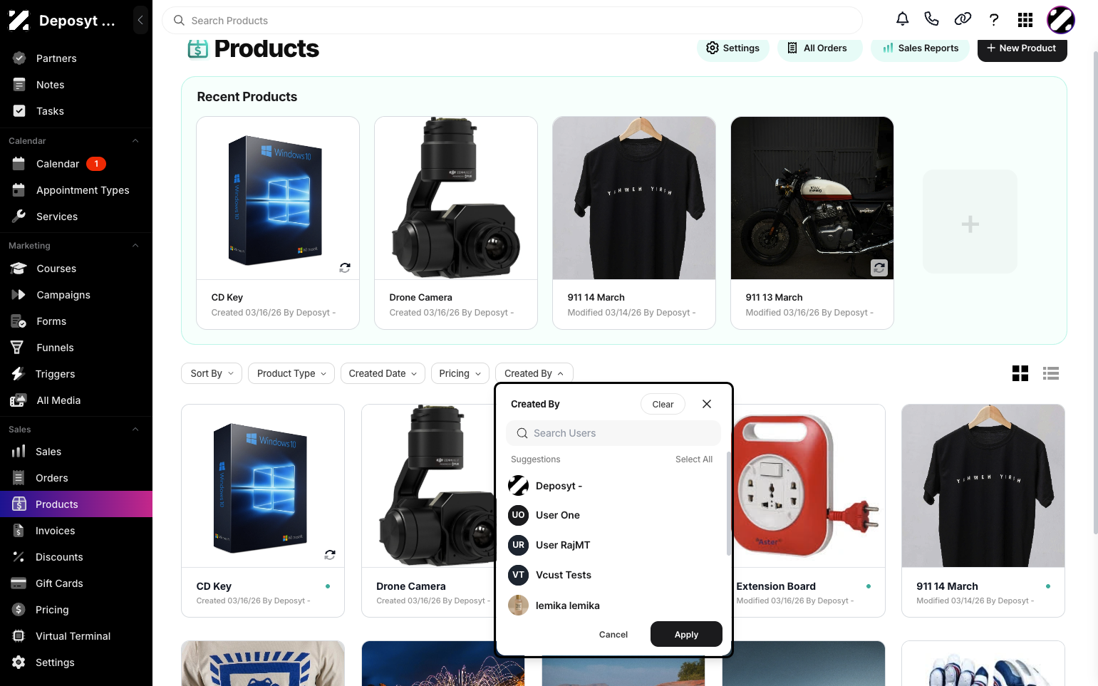 Step 7: The last filter is Created By, where you can search for the user who created the product.