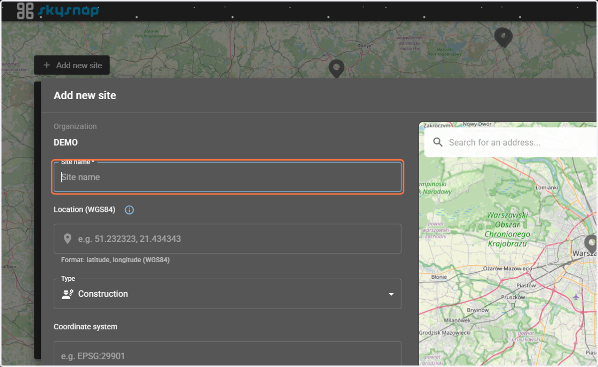 Next, you must provide the name of the site (location) – it should have a minimum of 4 characters.