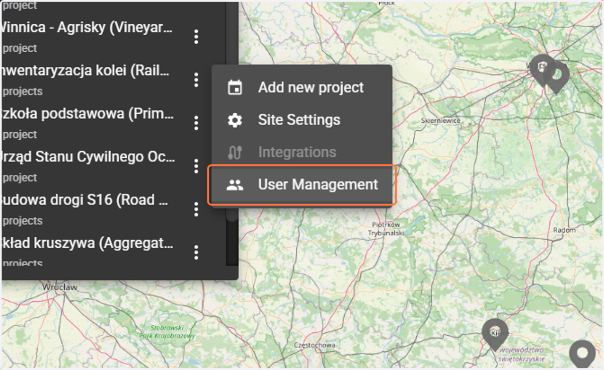 In the options concerning the site, you will find user management.