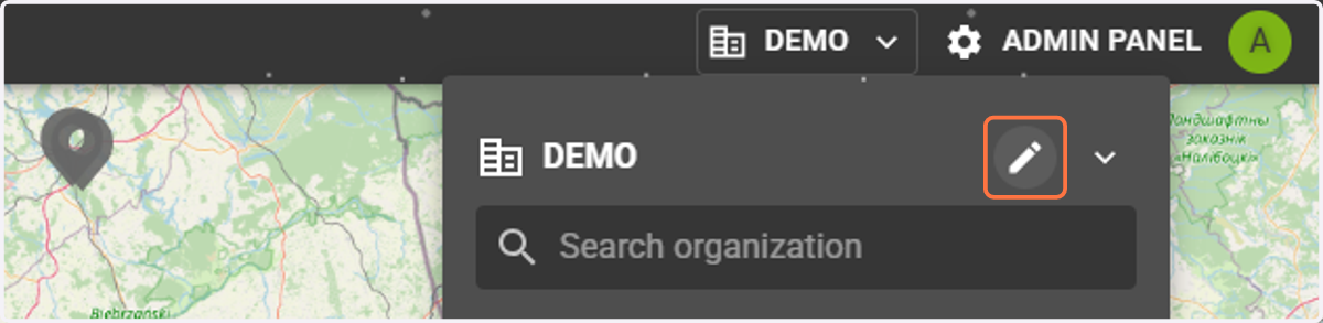 A dropdown list of organizations appears, where you select the pencil icon to edit.