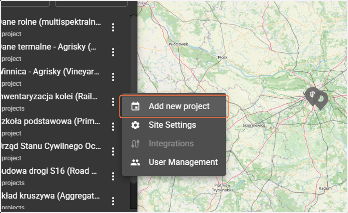 Buttons related to the site will appear; select the "Add new project" button.
