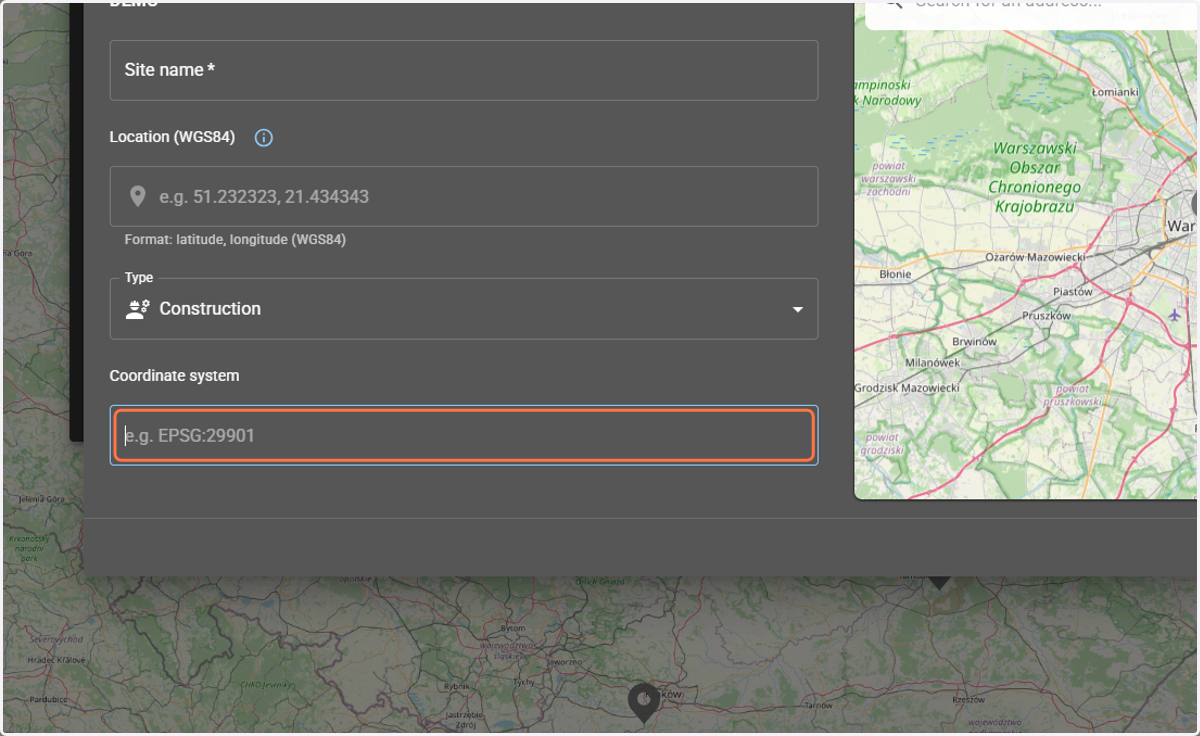 In the next step, you need to select the coordinate system for the site (location).