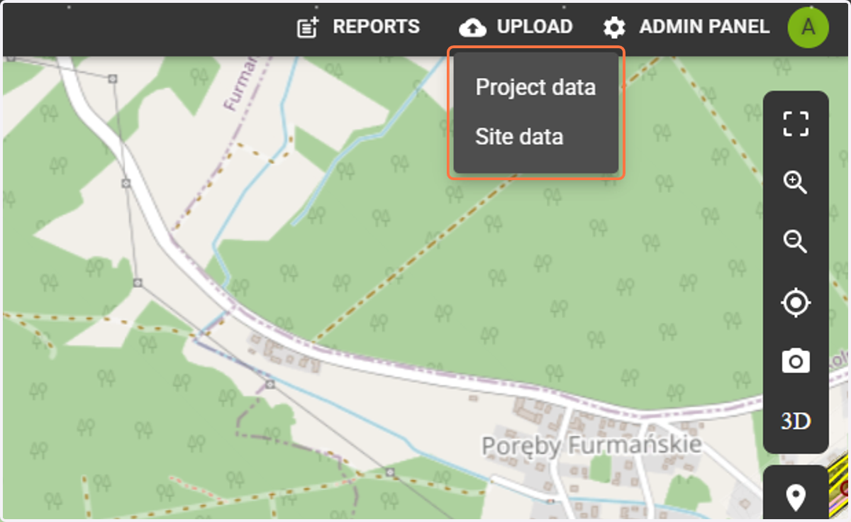 By selecting the "Upload" button, you have the option to upload data to two distinctions: to the project and to the site.