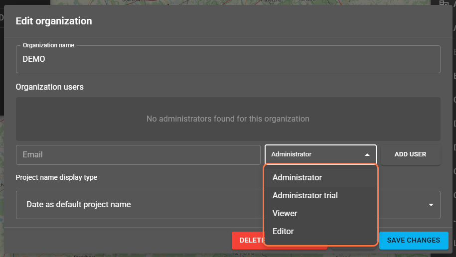 An organization management window opens, where you can change the organization name and add or remove organization users.