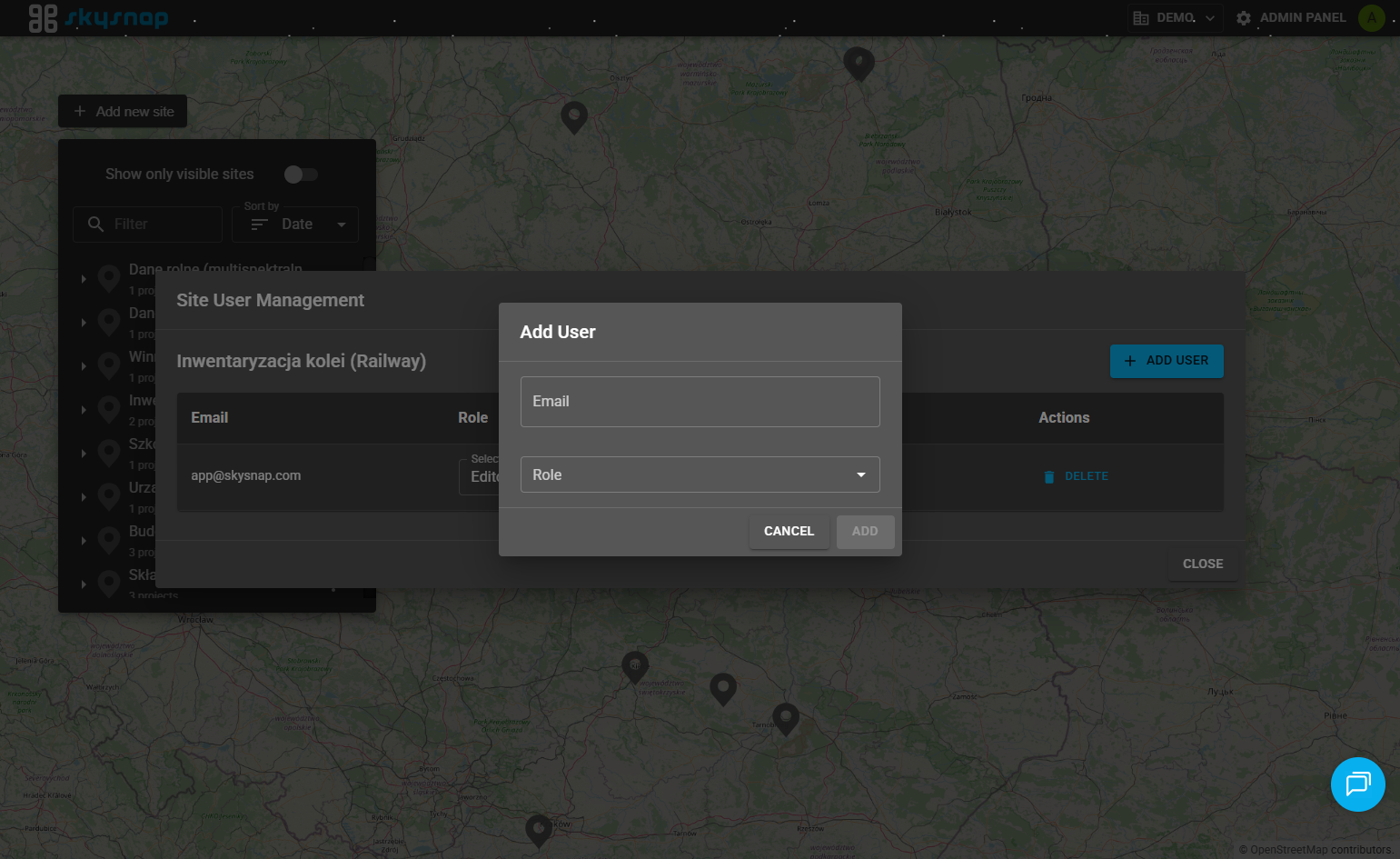 After selecting the "Add user" button, a window opens where you can enter the user's email and assign them a role.