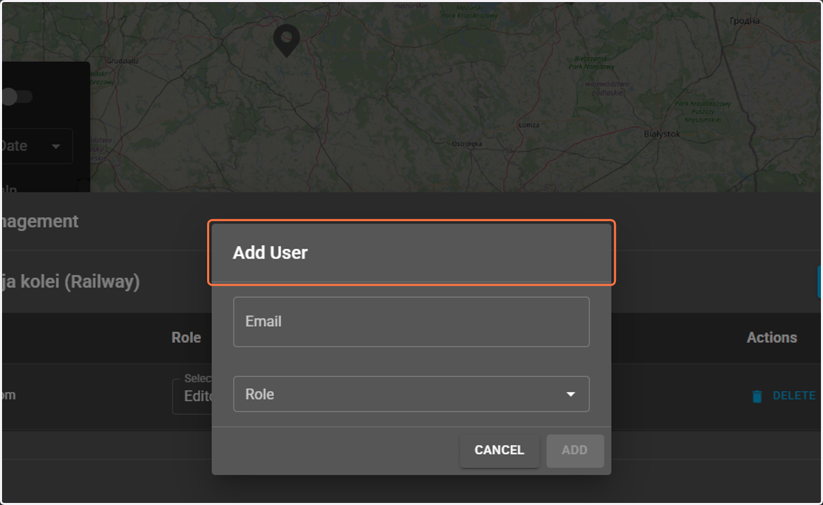 After selecting the "Add user" button, a window opens where you can enter the user's email and assign them a role.