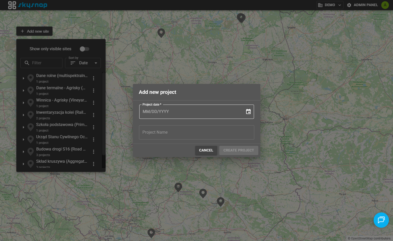 Enter the project date and optionally the project name.