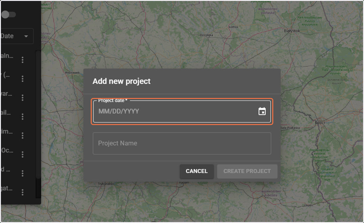 Enter the project date and optionally the project name.