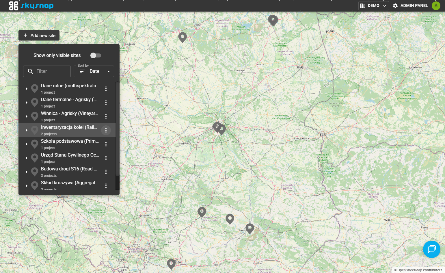 To create a new project, you need to click the 3 dots next to the specific site (location) to which you want to add the project.
