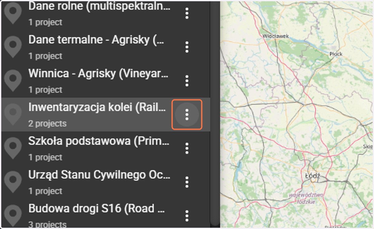 To create a new project, you need to click the 3 dots next to the specific site (location) to which you want to add the project.