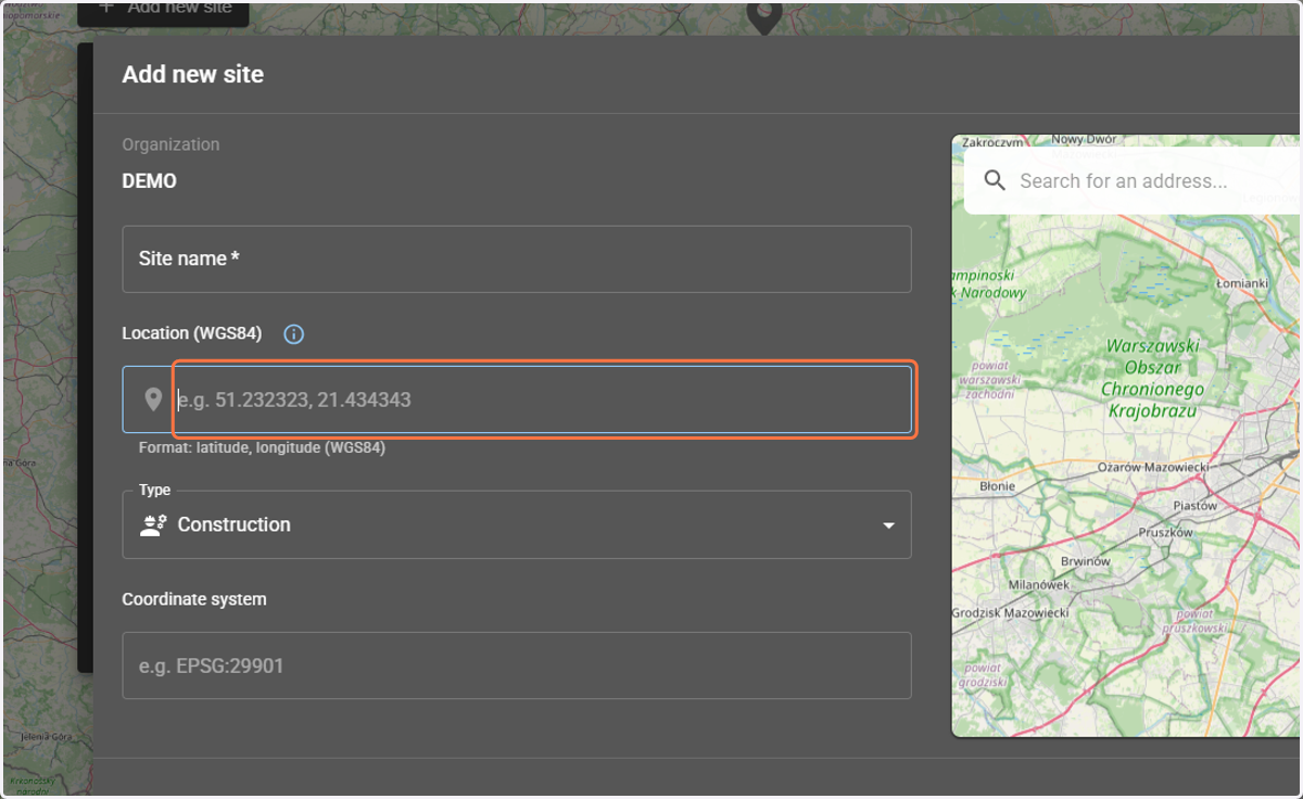 Set the location of the site (location) by entering coordinates or by searching on the map on the right side.