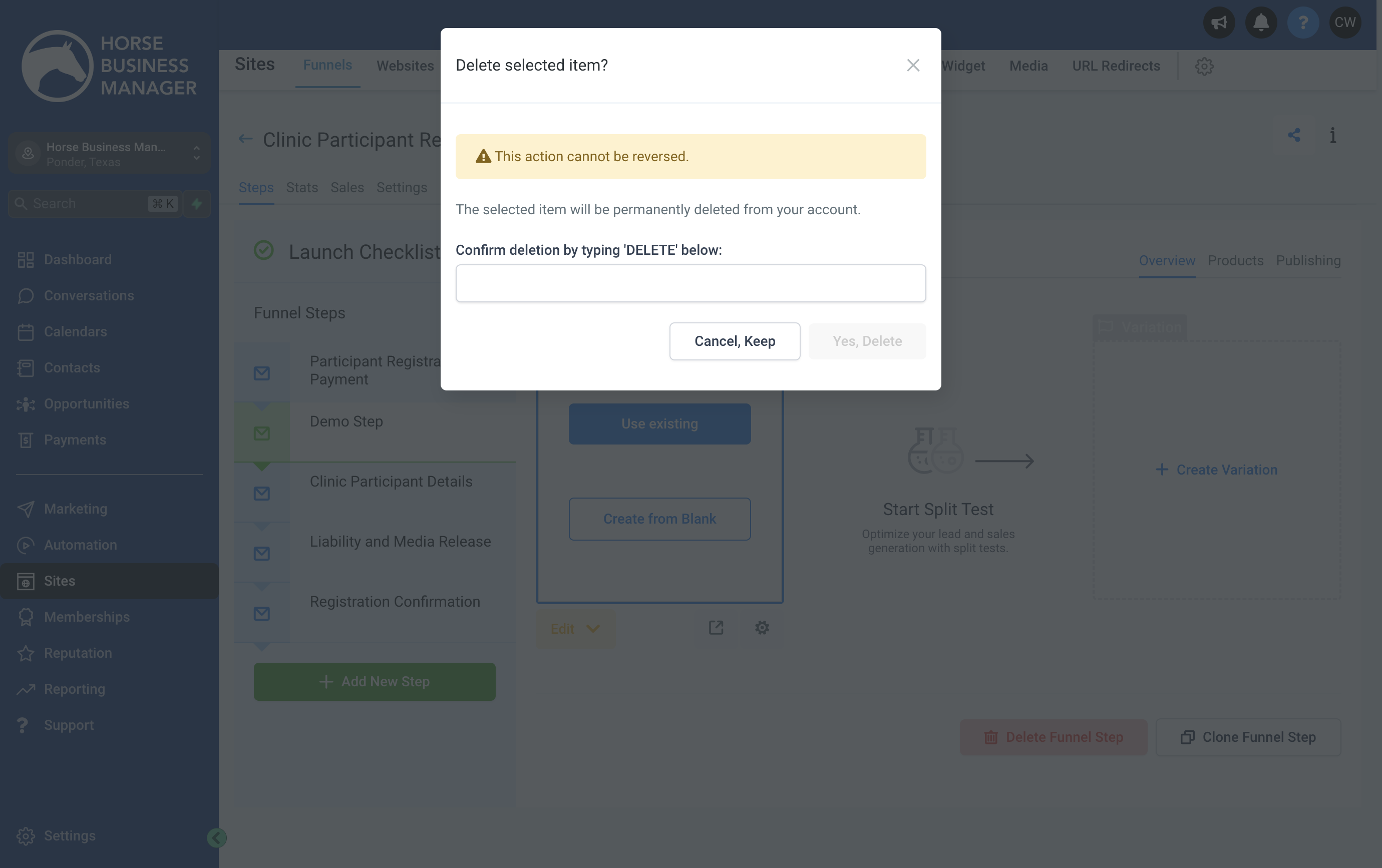 Confirm that you want to delete the step and click Yes, Delete
