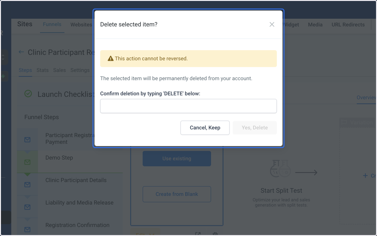 Confirm that you want to delete the step and click Yes, Delete