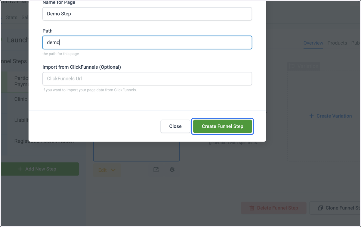 Click on Create Funnel Step