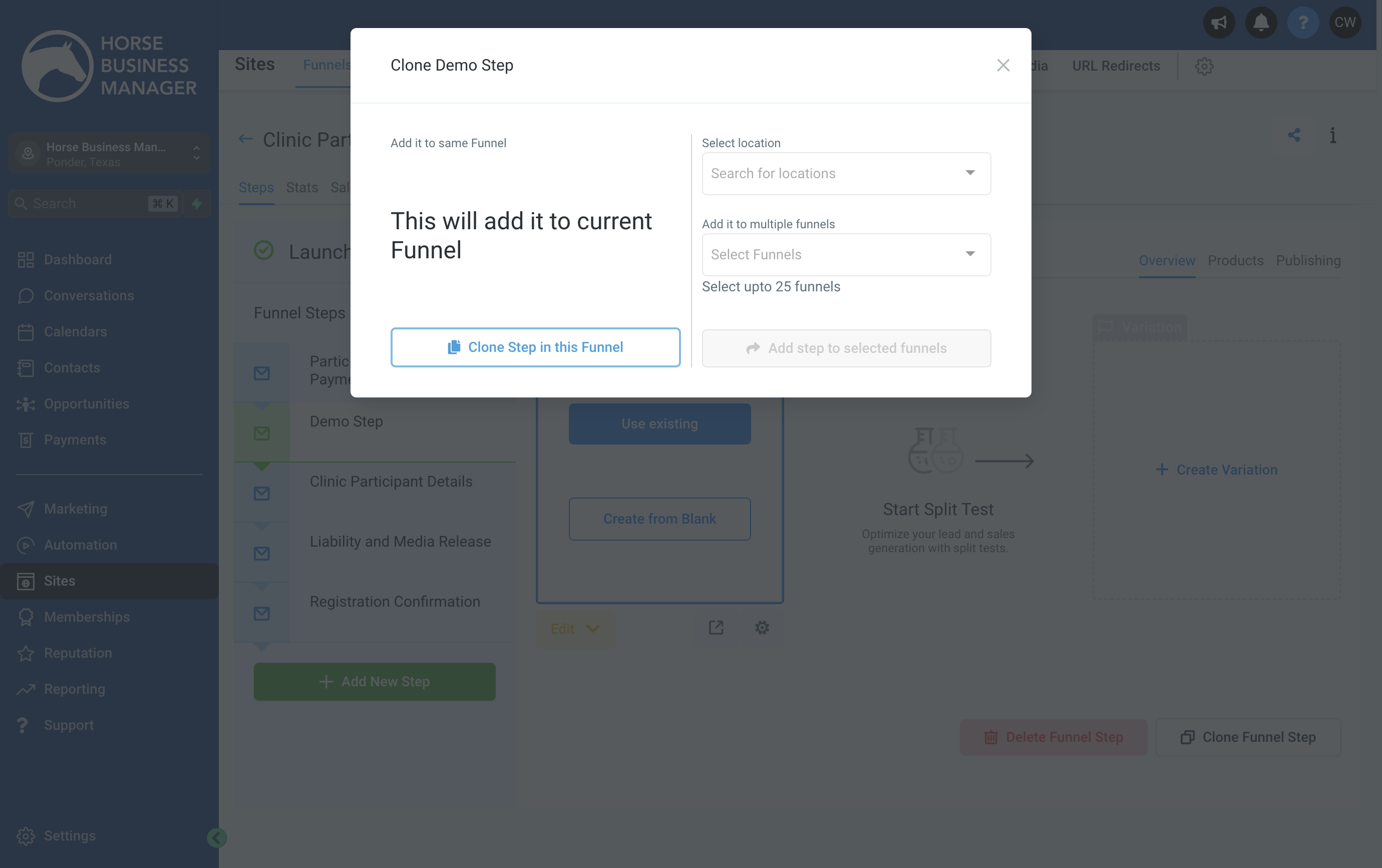 Choose the Clone Settings and click Add Step to Selected Funnel