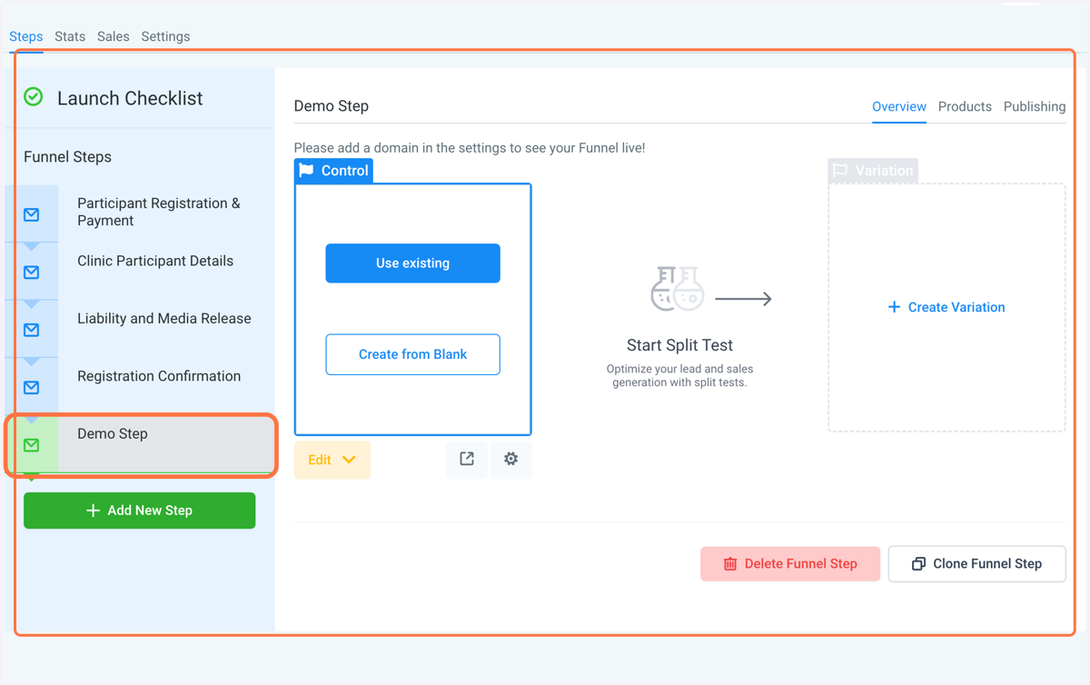 Your new funnel step will show up at the bottom of the list