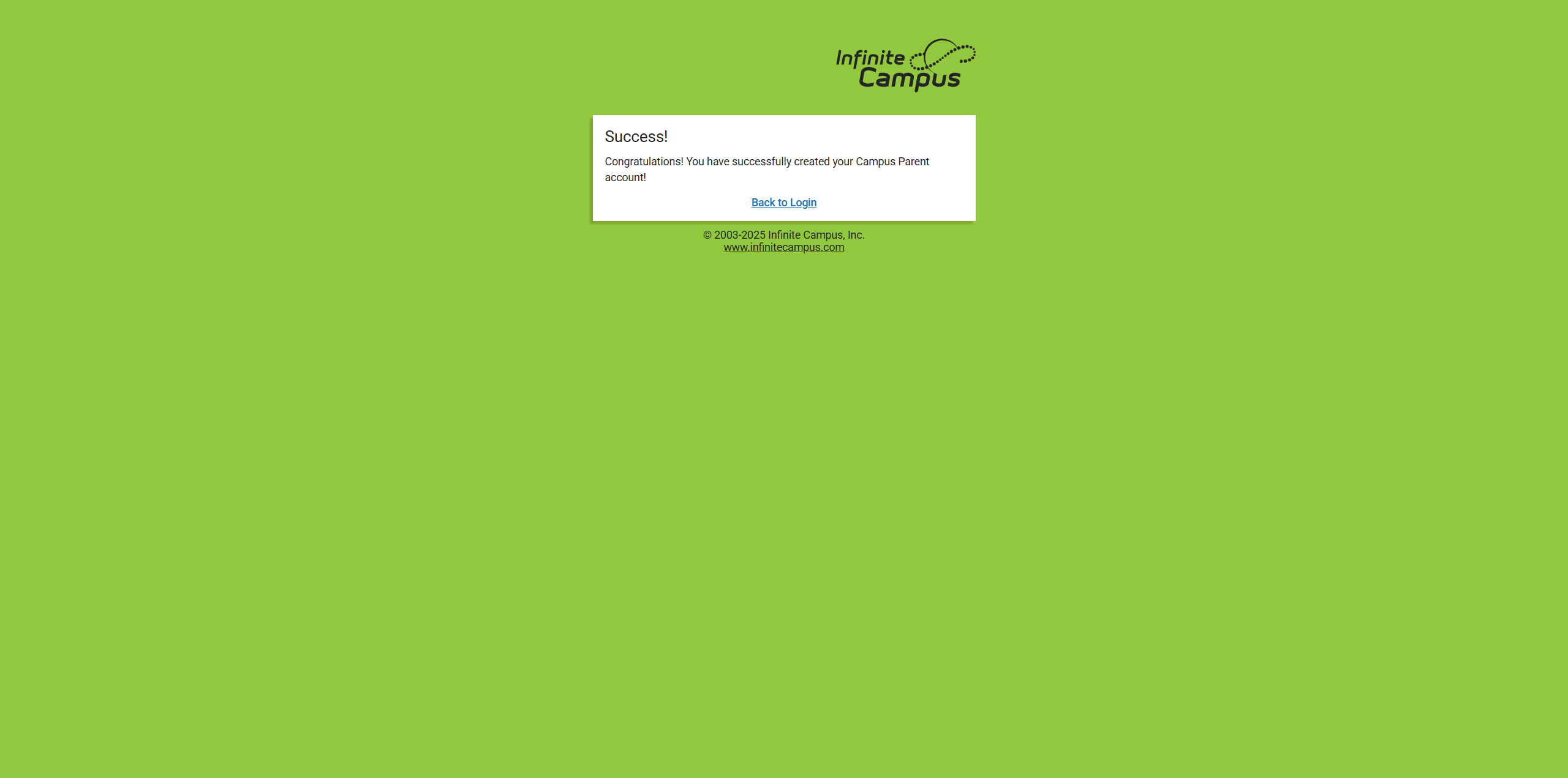 You are almost there! Now click on Back to Login in to complete the registration process.