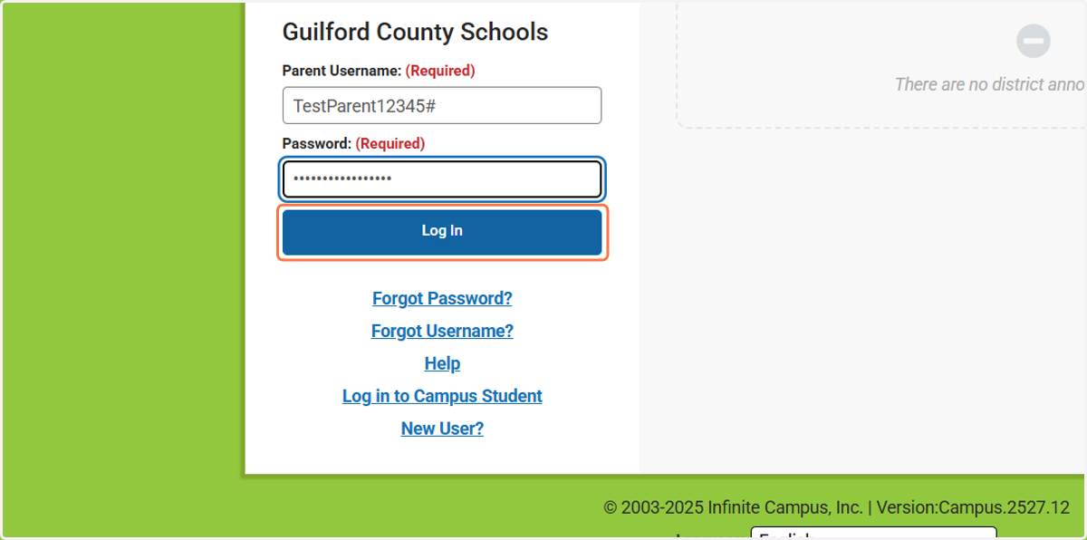 Type in the Parent Username and Password that you just created. Click on Log In.