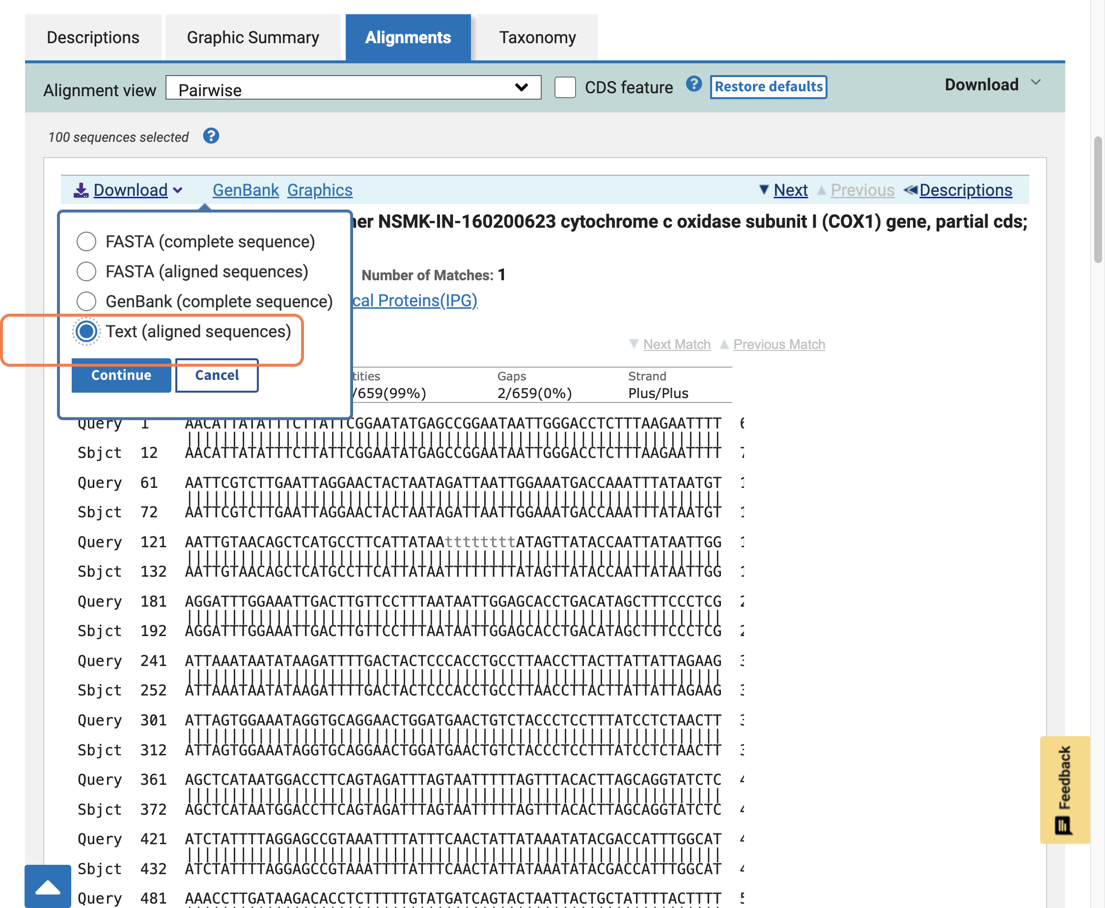 Select 'Text (aligned sequences)'.