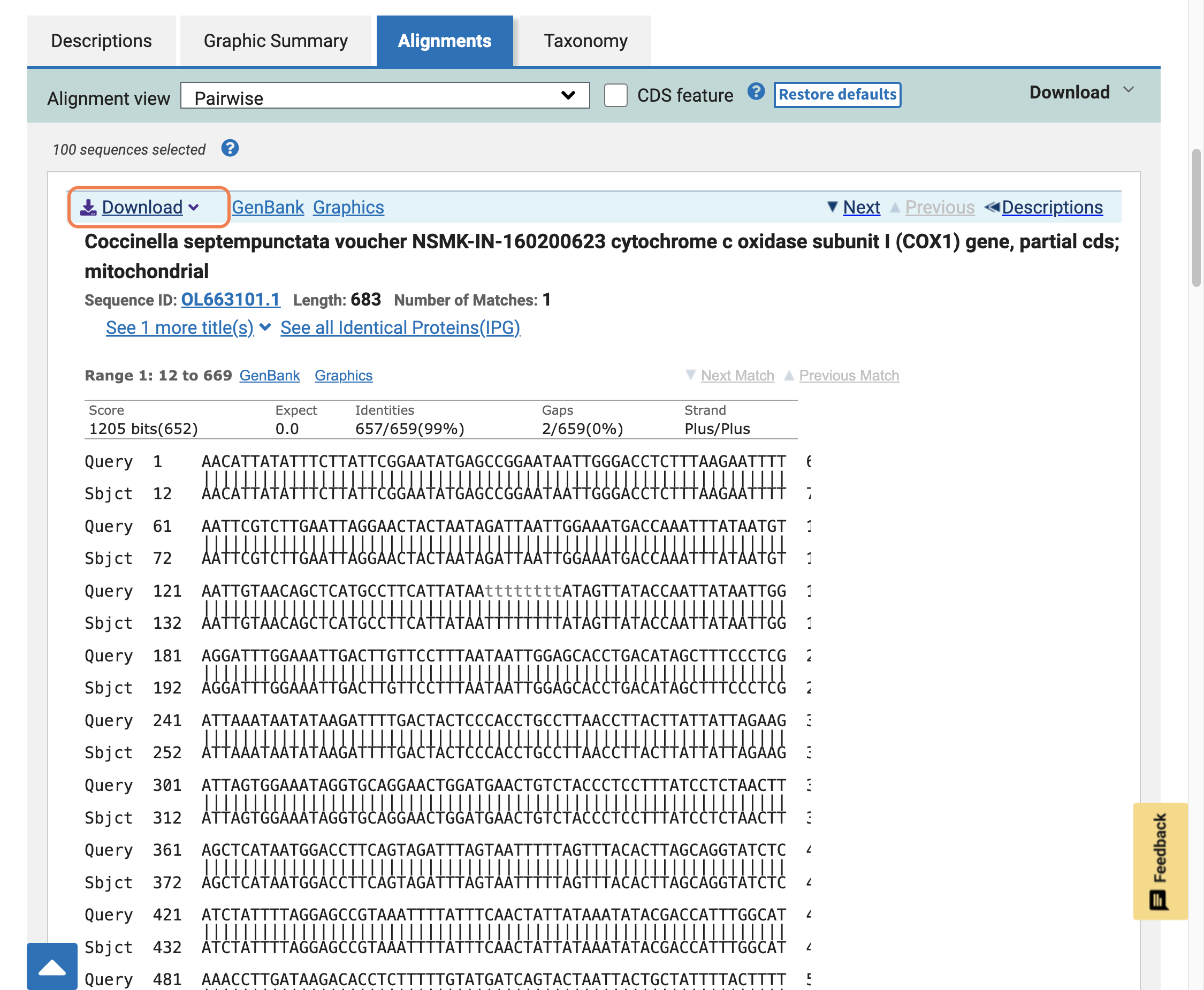 To present the results of your scientific identification of the invertebrate using a barcode, you should include this alignment. Click the 'Download' button in the top left hand corner.