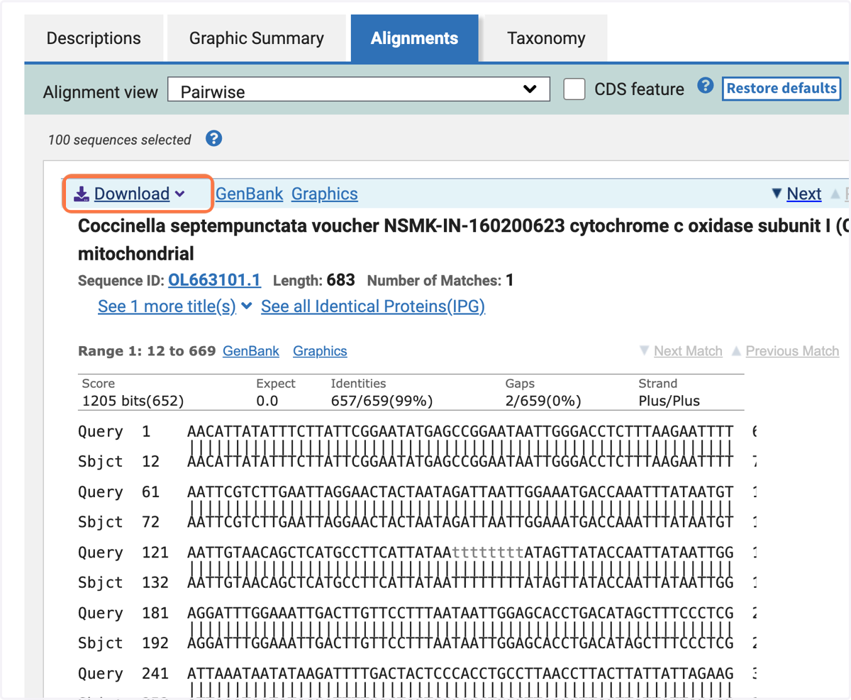 To present the results of your scientific identification of the invertebrate using a barcode, you should include this alignment. Click the 'Download' button in the top left hand corner.