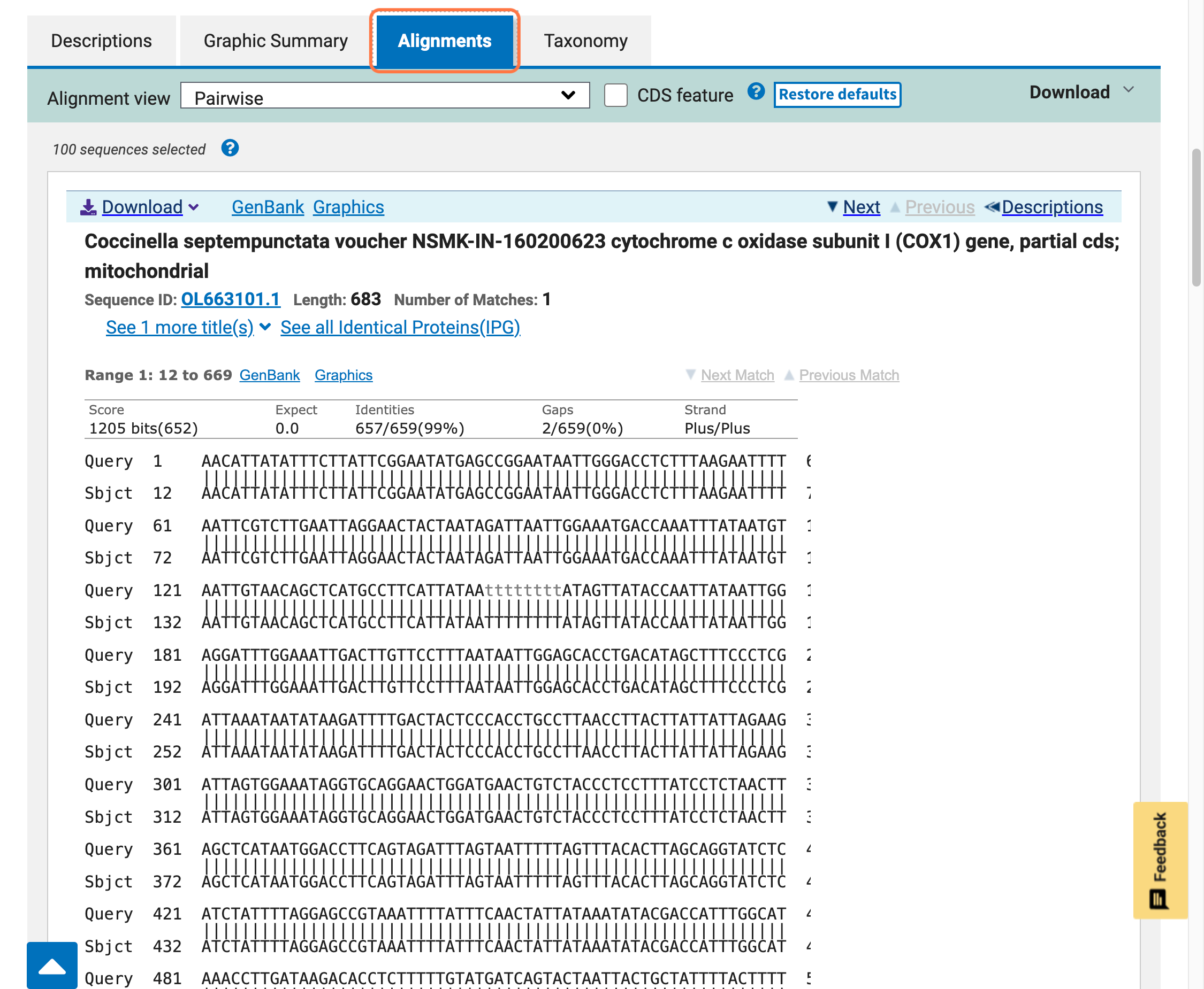On the 'Alignments' tab there is a detailed view of each sequence from the database aligned to the query sequence.