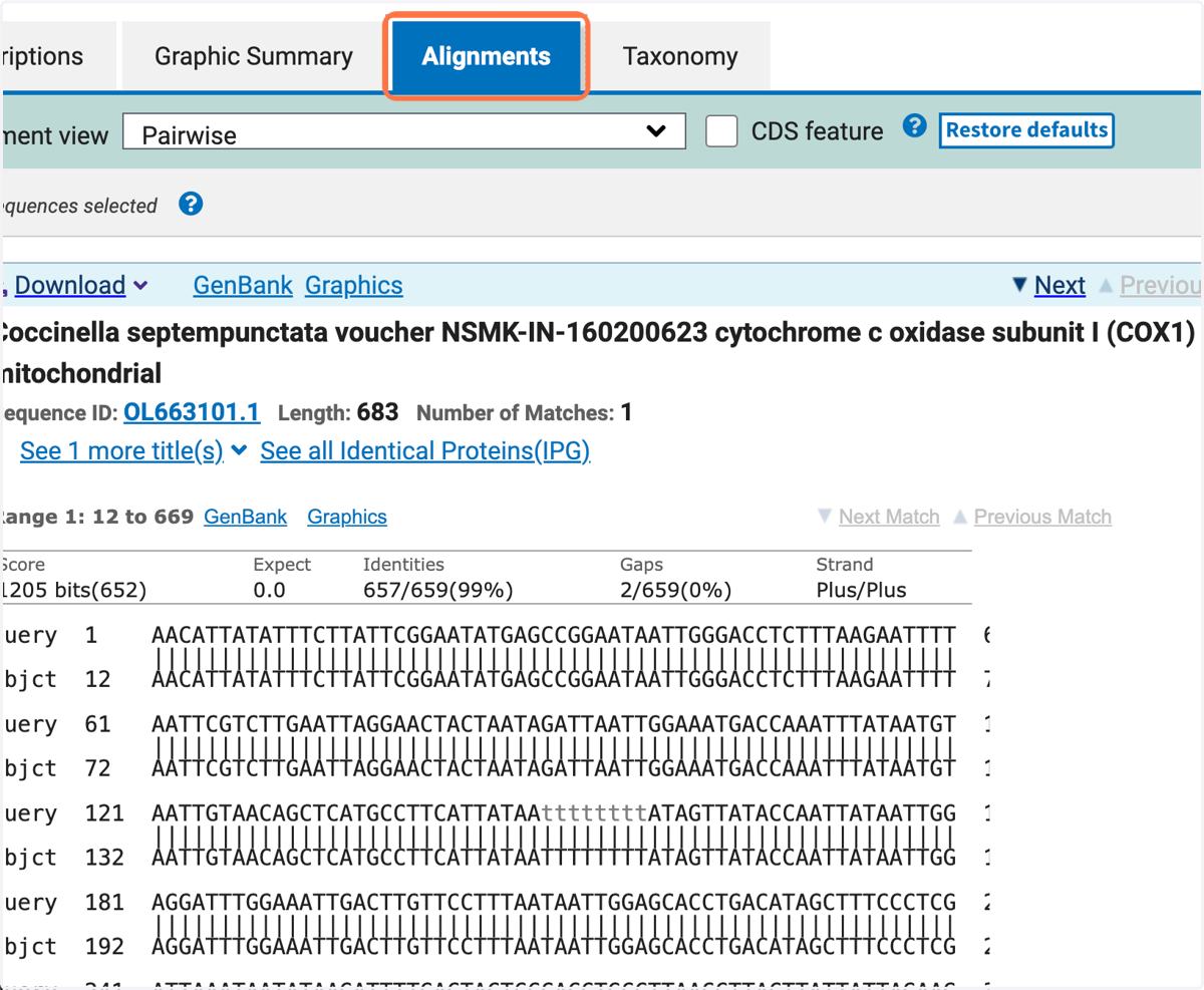 On the 'Alignments' tab there is a detailed view of each sequence from the database aligned to the query sequence.
