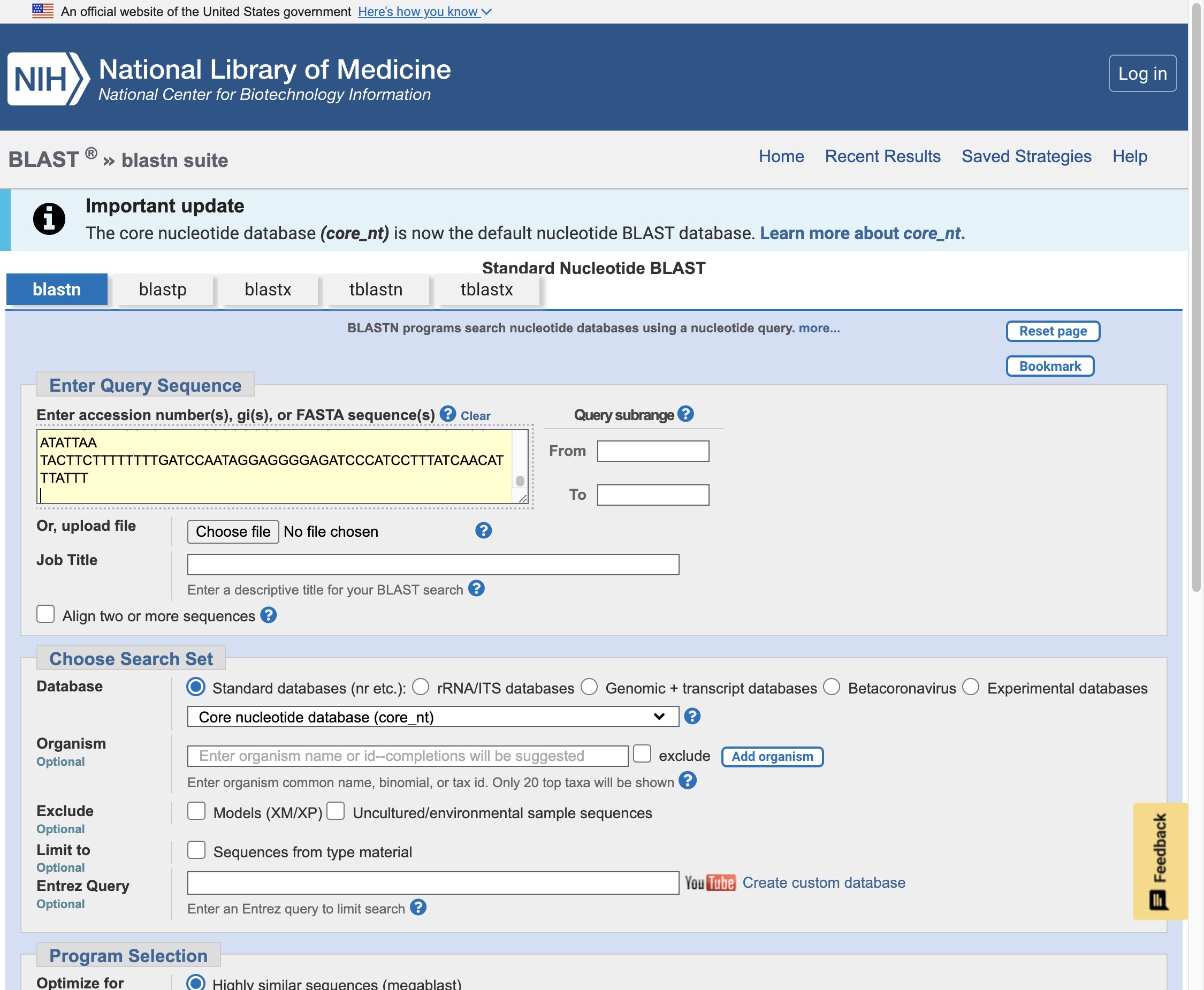 On the blastn tab, in the white box in the 'Enter Query Sequence' section, copy and paste the >, name and sequence for Barcode 1.