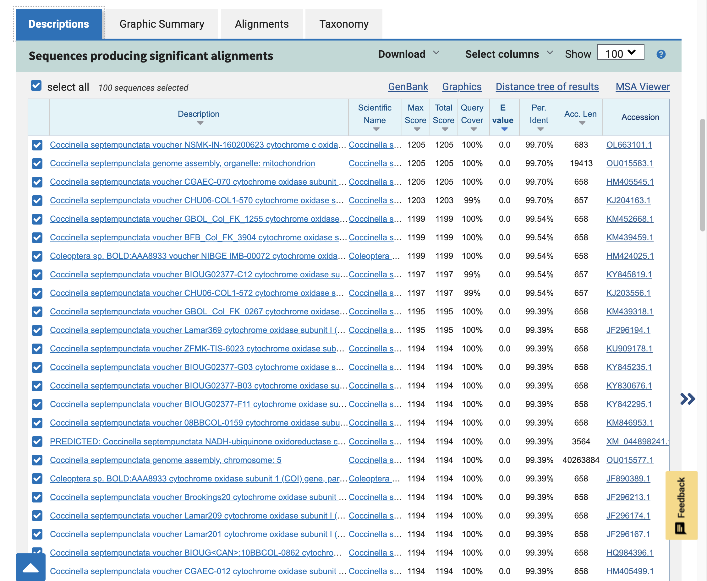 On the 'Descriptions' tab, you can see the scientific name (binomial classification) of the organism and the name of the DNA sequence that matches your query.