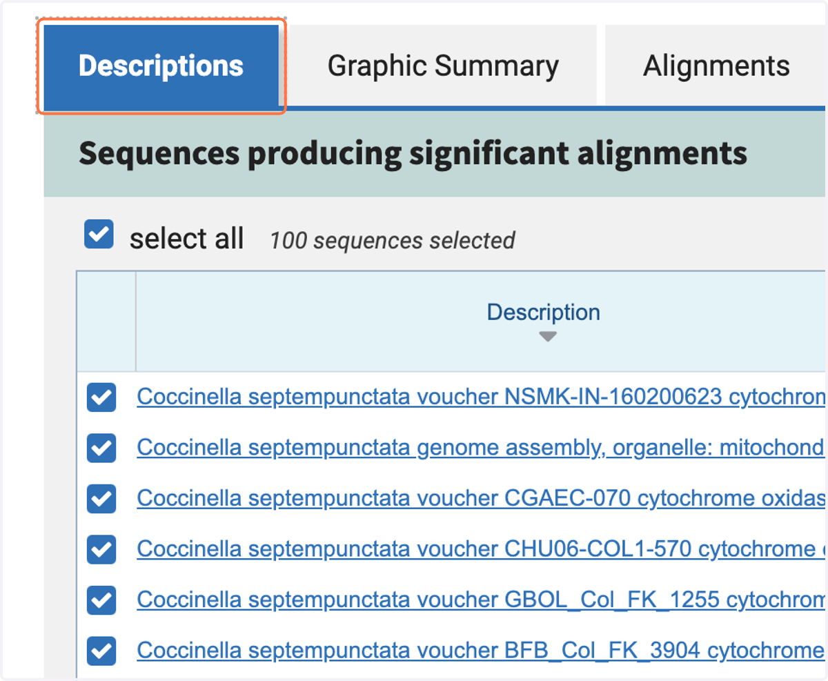 On the 'Descriptions' tab, you can see the scientific name (binomial classification) of the organism and the name of the DNA sequence that matches your query.
